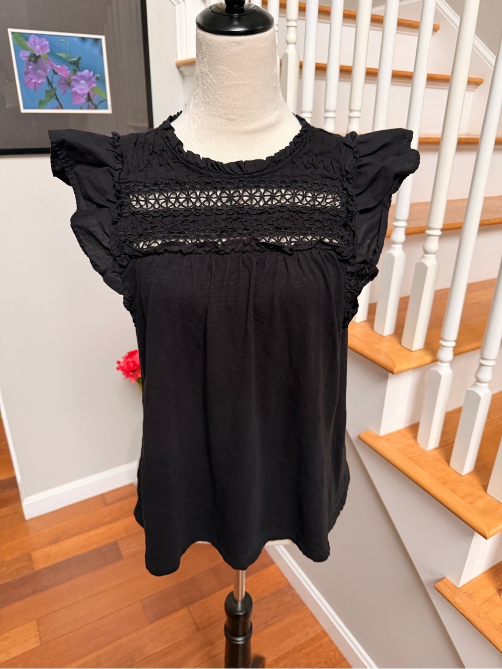 LOFT Small Black Crochet Lace Yoke Flutter Sleeve Cotton Shirt
